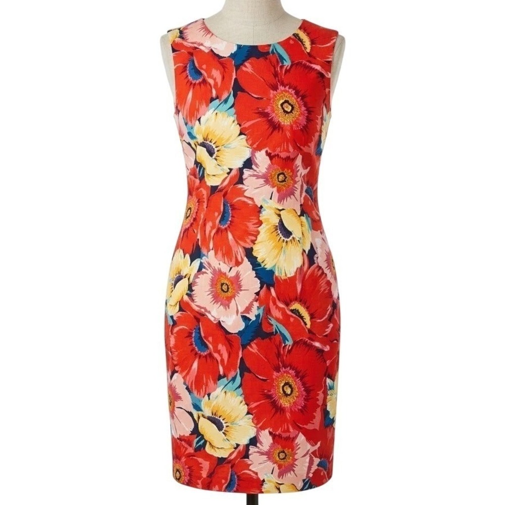 Tahari Red Floral Poppy Sleeveless Sheath Dress Size 16 Knee Length Back Zip
